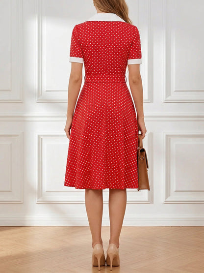 Polka Dots Lapel Button Down Belted Midi Swing Dress