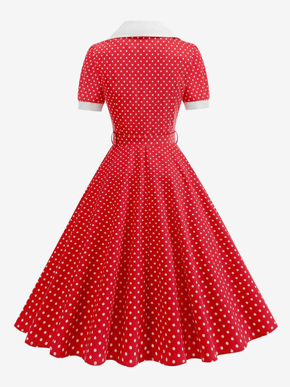 Polka Dots Lapel Button Down Belted Midi Swing Dress