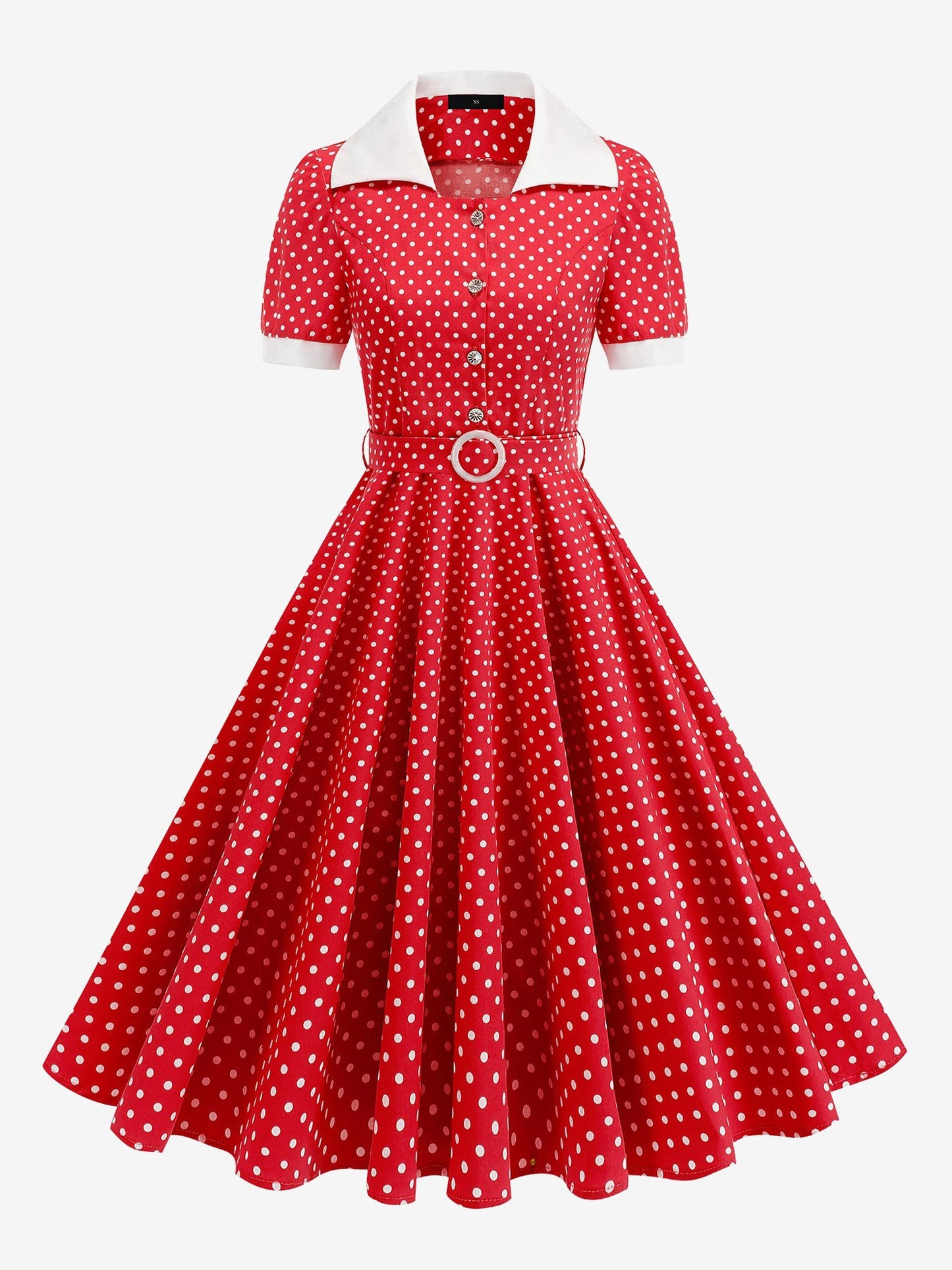 Polka Dots Lapel Button Down Belted Midi Swing Dress