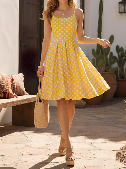 Retro Polka Dot Backless Spaghetti Strap Midi Swing Dress