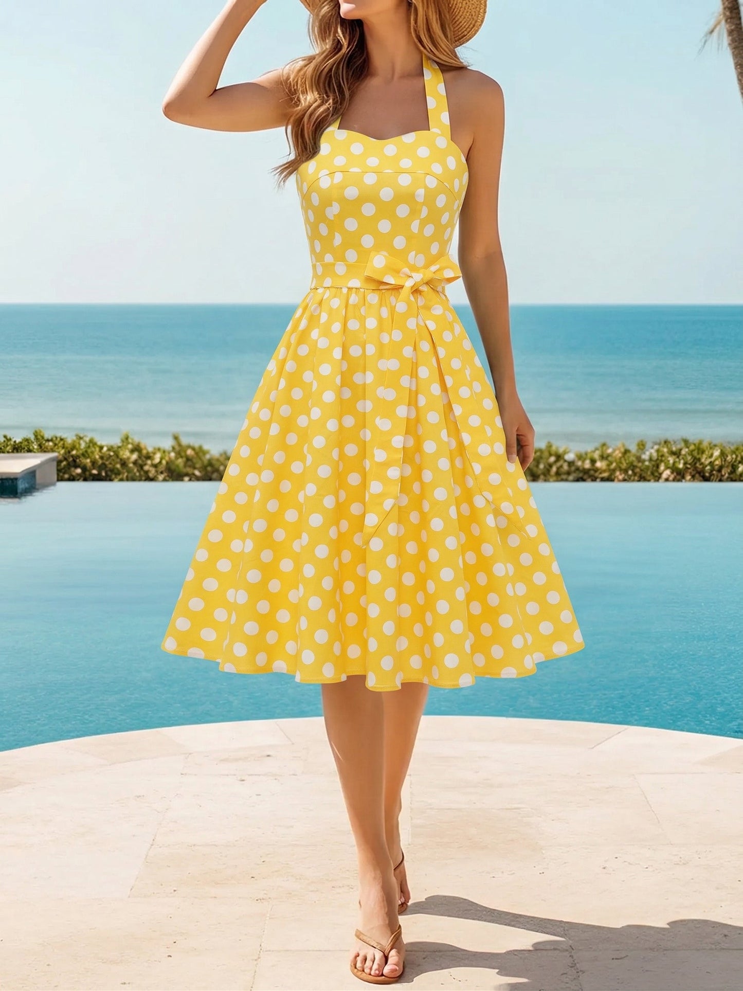 Vintage Polka Dot Lace-Up Halter Neck A-Line Dress