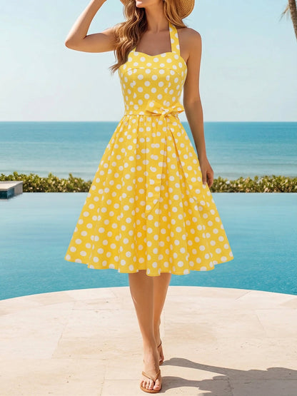 Vintage Polka Dot Lace-Up Halter Neck A-Line Dress