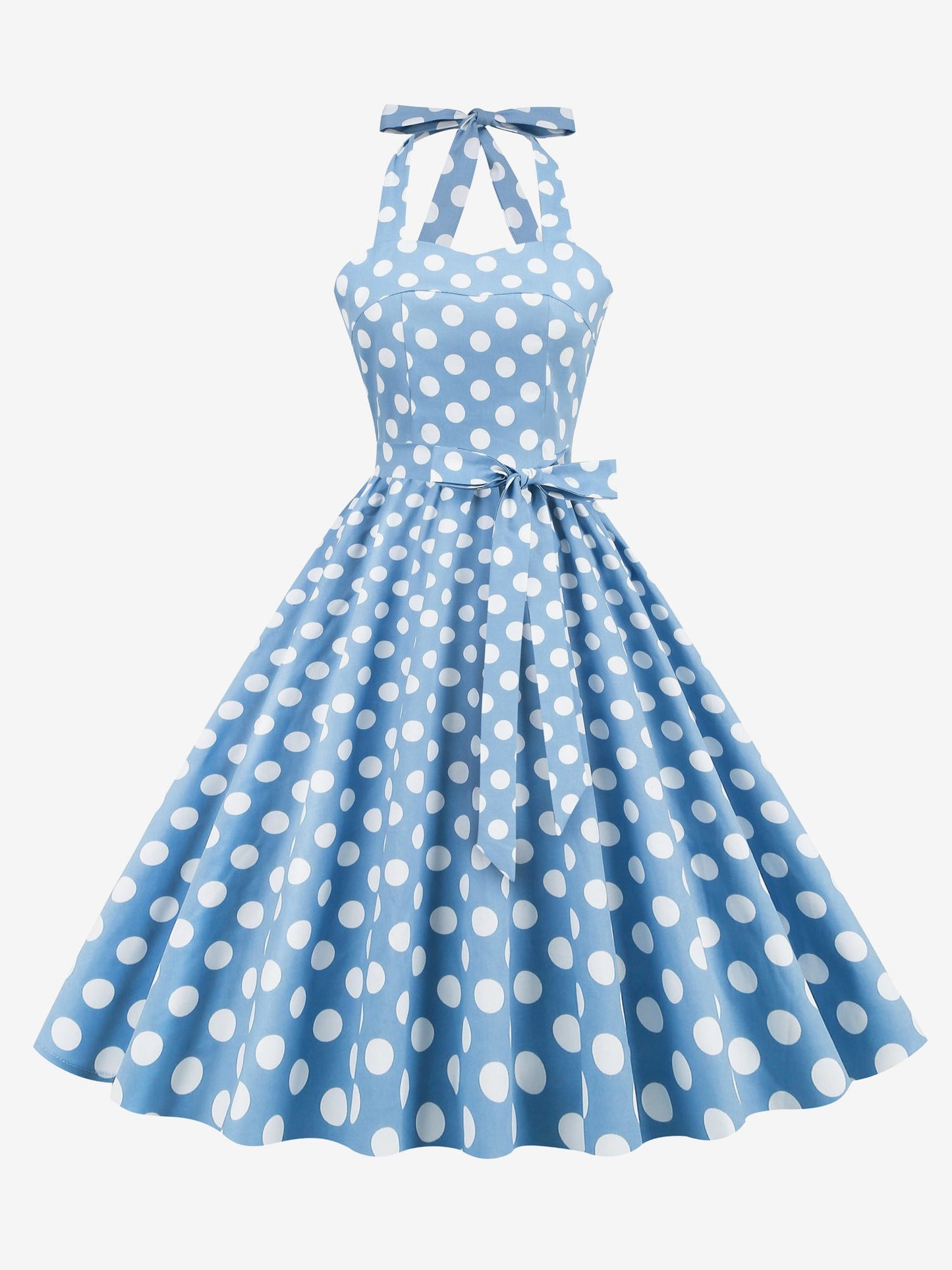 Vintage Polka Dot Lace-Up Halter Neck A-Line Dress