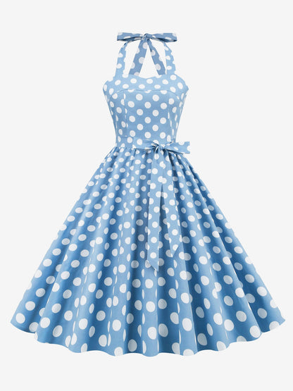Vintage Polka Dot Lace-Up Halter Neck A-Line Dress