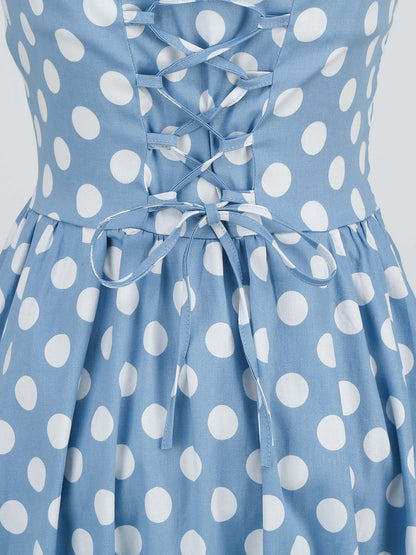 Vintage Polka Dot Lace-Up Halter Neck A-Line Dress