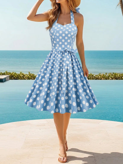 Vintage Polka Dot Lace-Up Halter Neck A-Line Dress