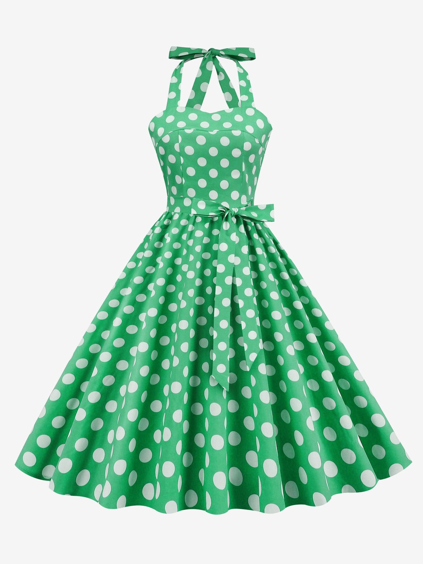 Vintage Polka Dot Lace-Up Halter Neck A-Line Dress