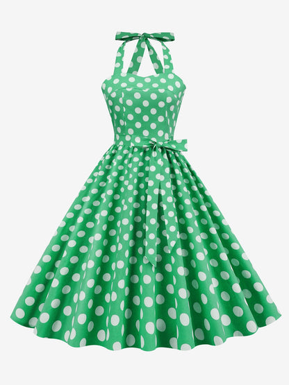 Vintage Polka Dot Lace-Up Halter Neck A-Line Dress