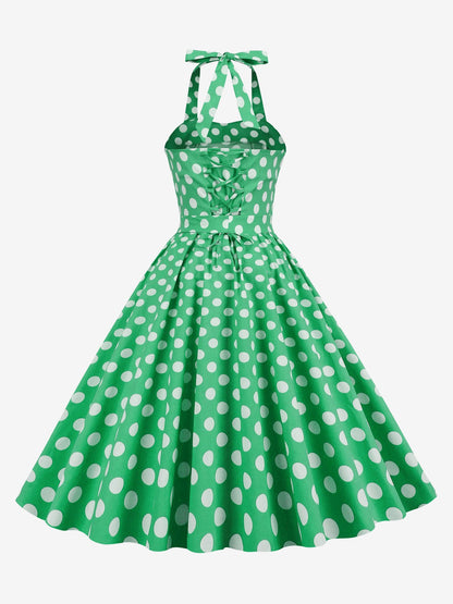 Vintage Polka Dot Lace-Up Halter Neck A-Line Dress