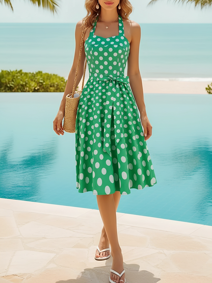 Vintage Polka Dot Lace-Up Halter Neck A-Line Dress