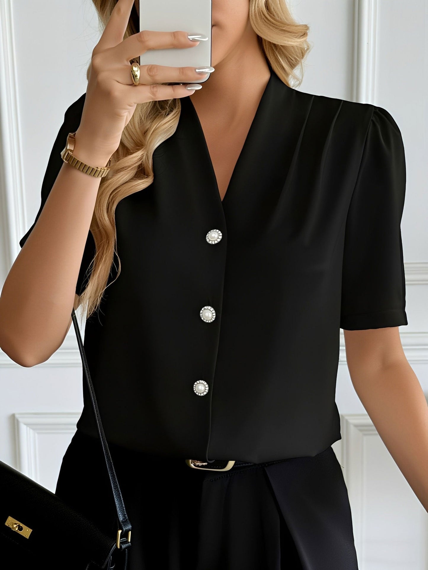 Pleated Puff Sleeves Button Down Work Blouse