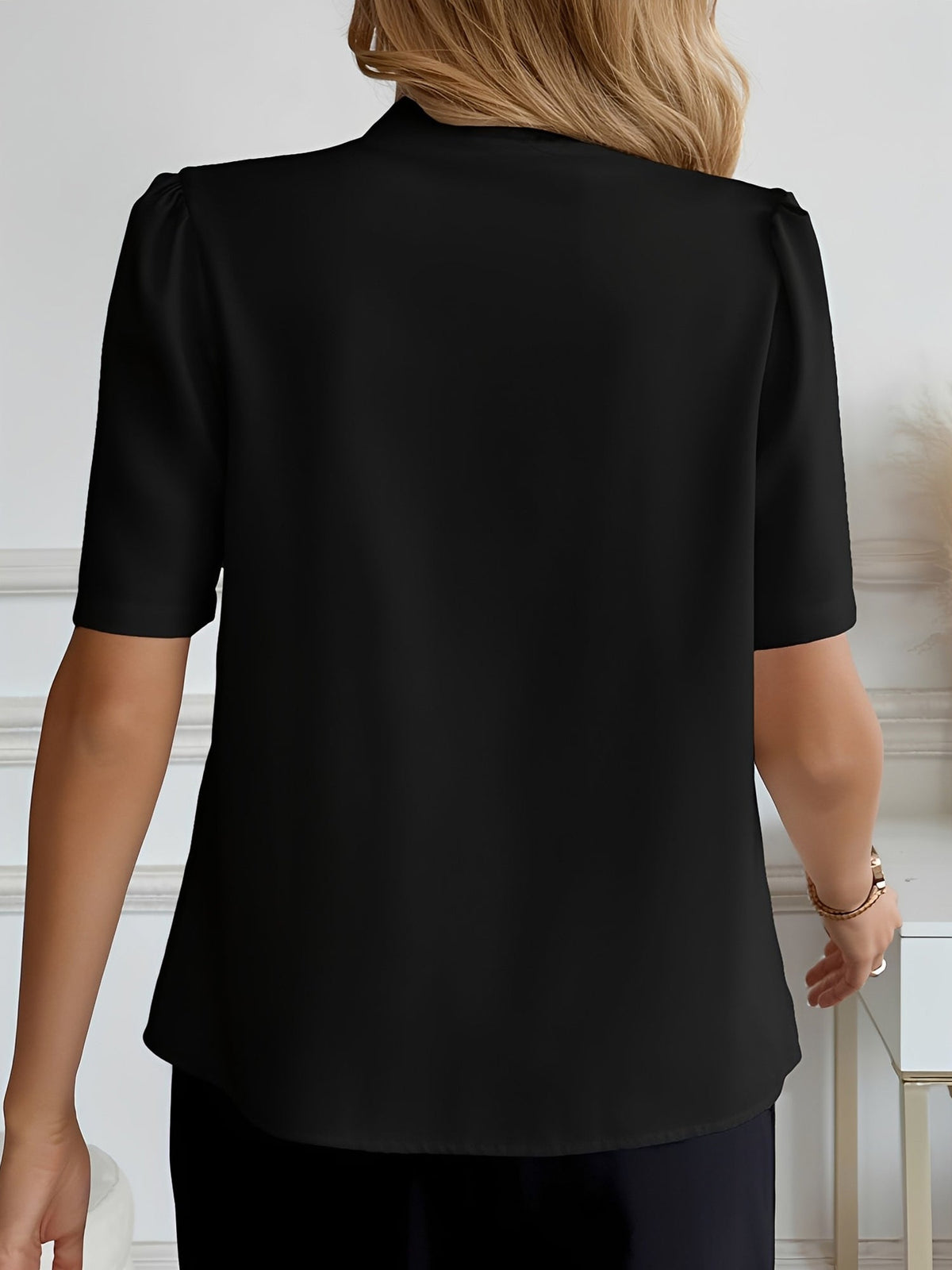 Pleated Puff Sleeves Button Down Work Blouse