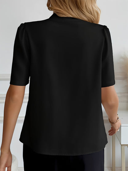 Pleated Puff Sleeves Button Down Work Blouse