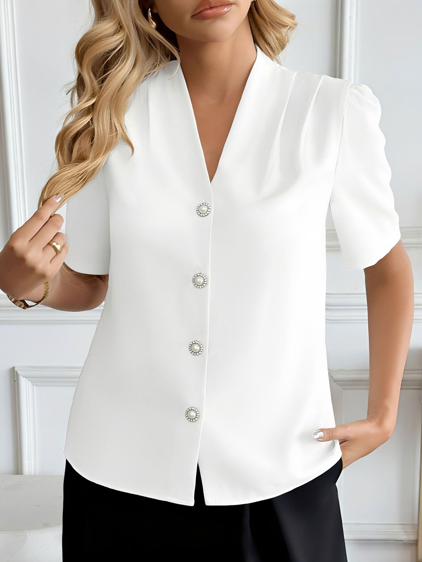 Pleated Puff Sleeves Button Down Work Blouse