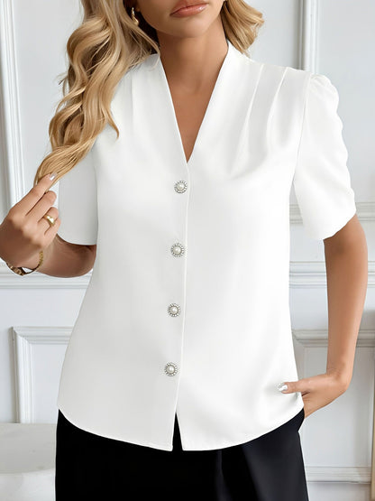 Pleated Puff Sleeves Button Down Work Blouse