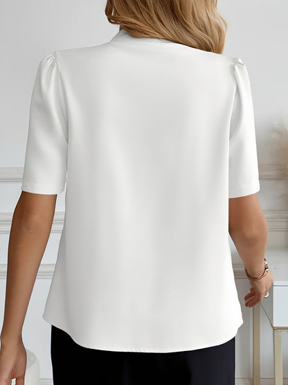 Pleated Puff Sleeves Button Down Work Blouse