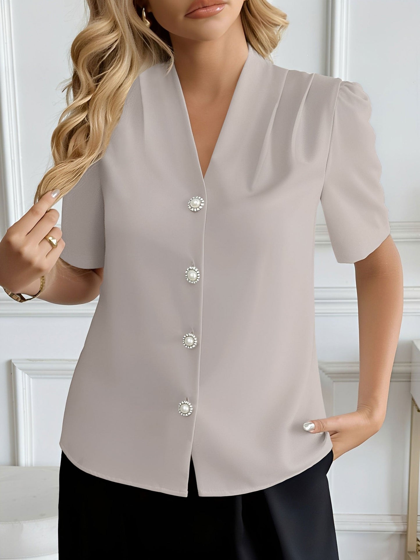 Pleated Puff Sleeves Button Down Work Blouse