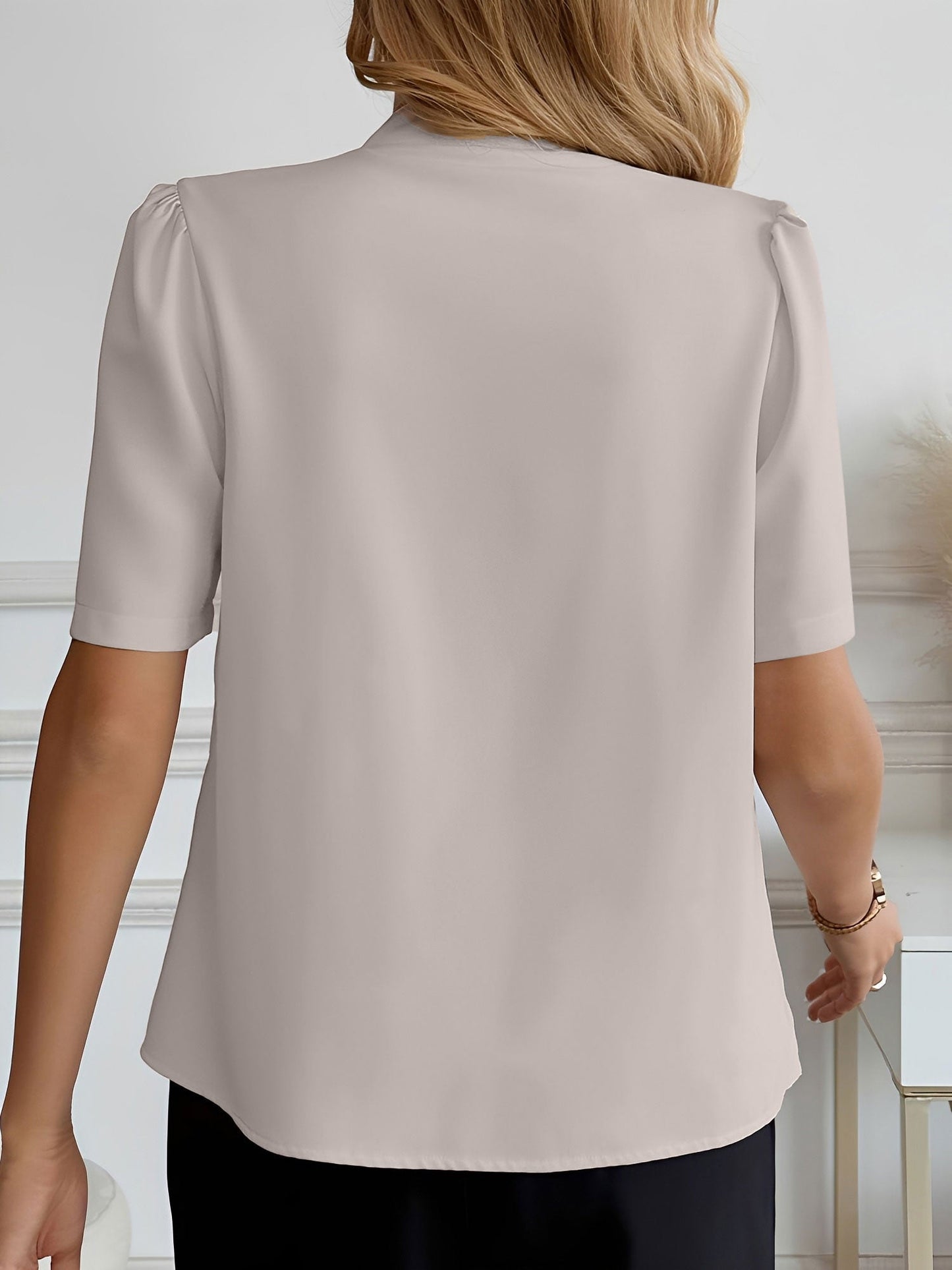 Pleated Puff Sleeves Button Down Work Blouse