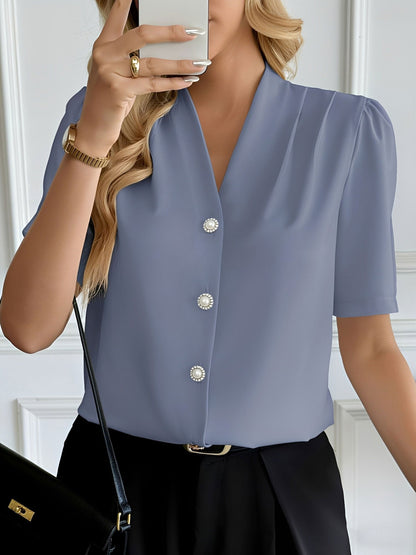 Pleated Puff Sleeves Button Down Work Blouse