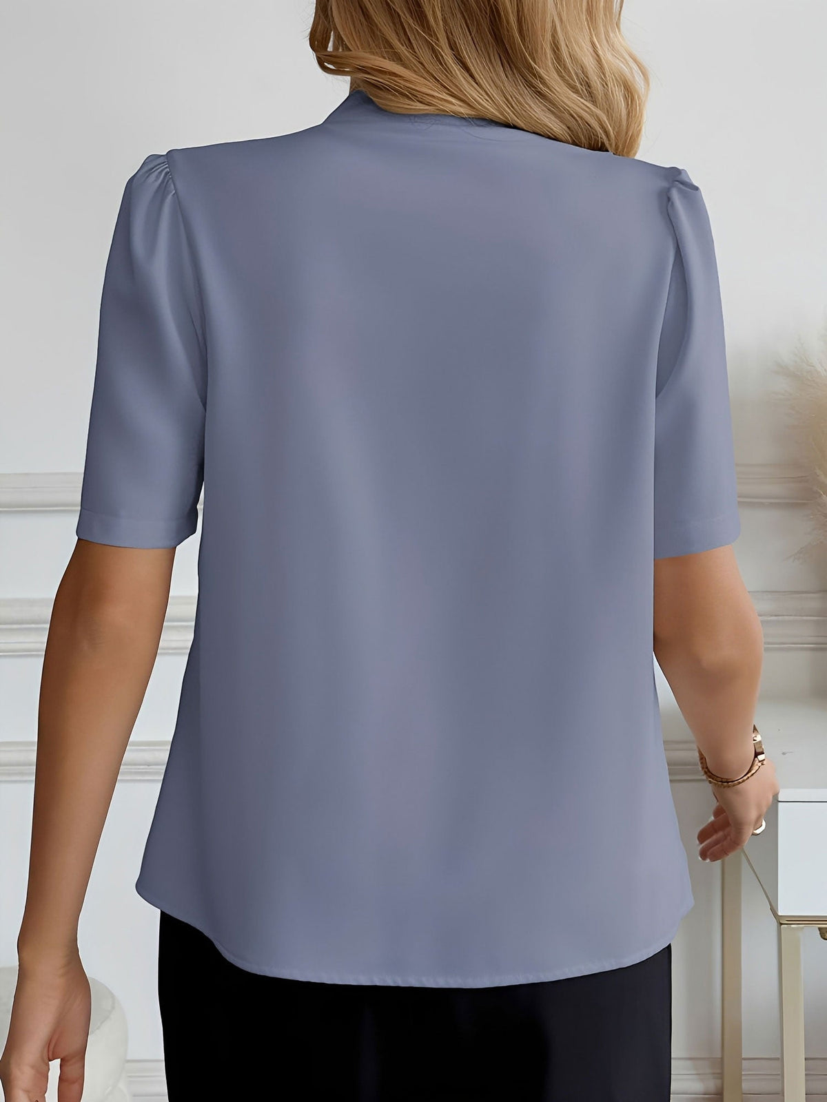 Pleated Puff Sleeves Button Down Work Blouse