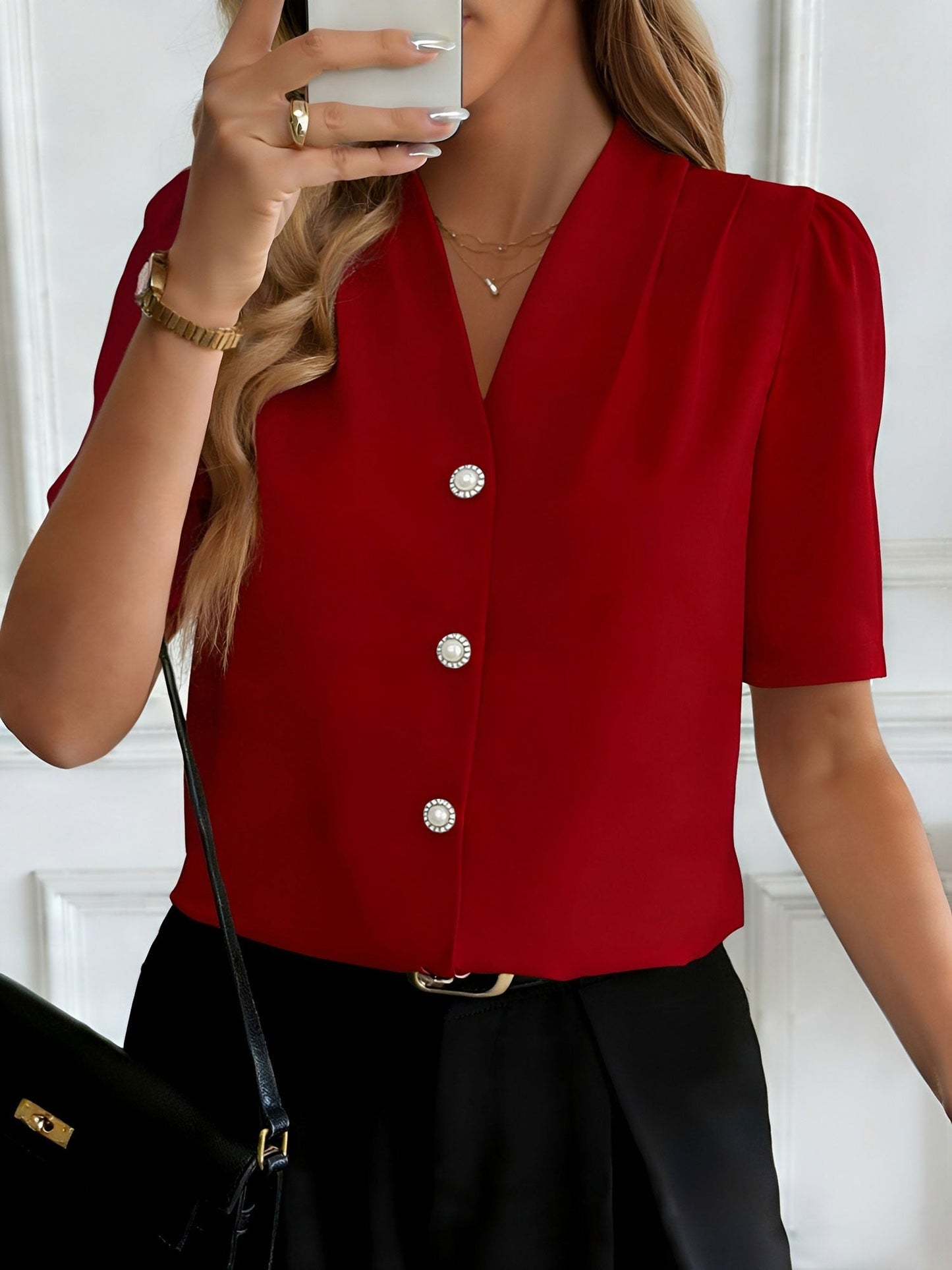 Pleated Puff Sleeves Button Down Work Blouse