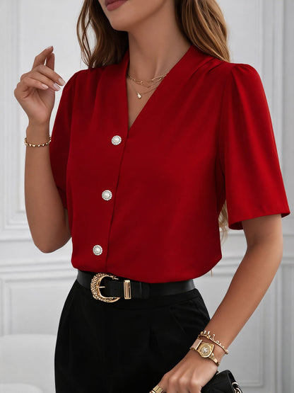 Pleated Puff Sleeves Button Down Work Blouse