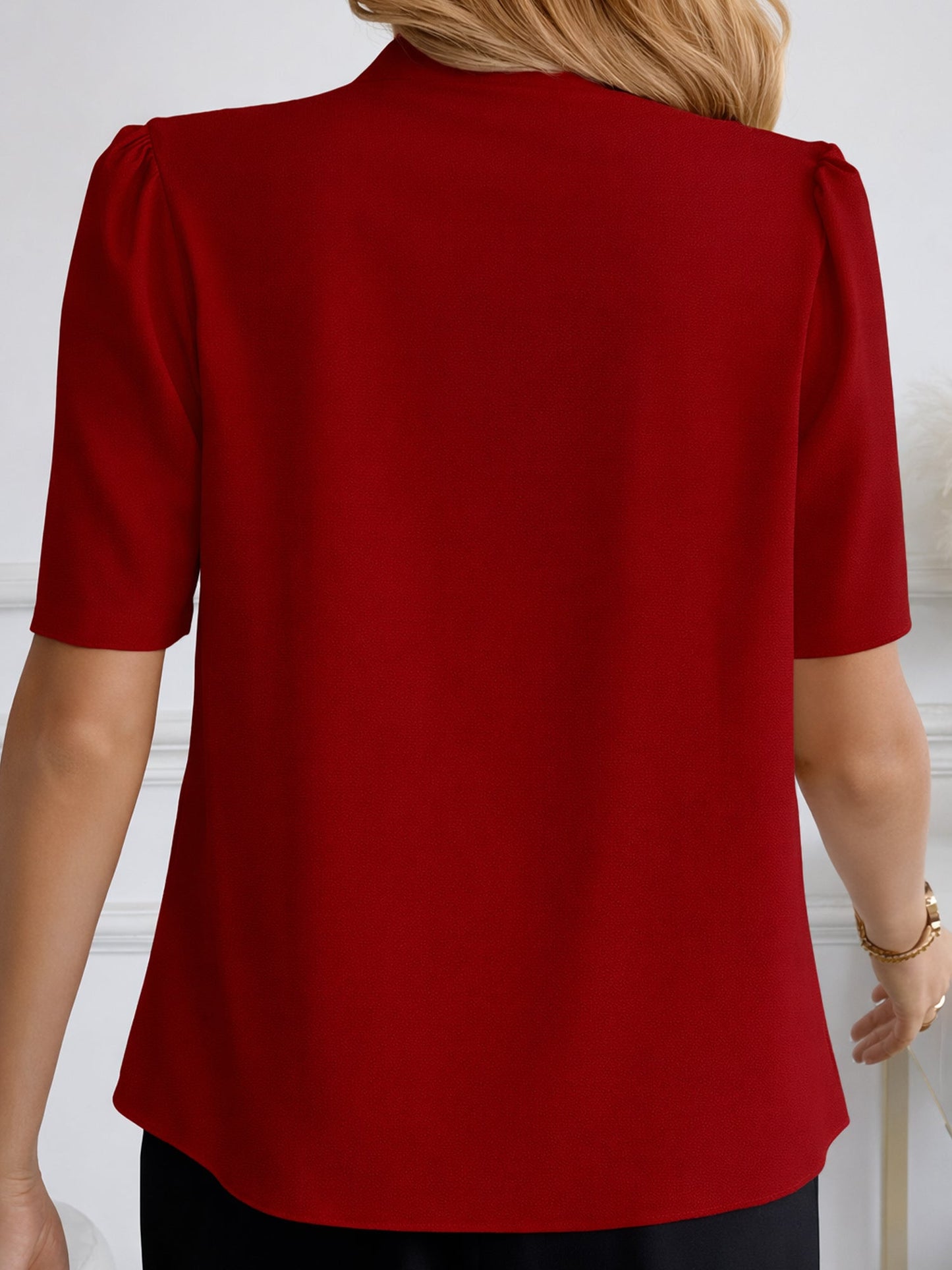 Pleated Puff Sleeves Button Down Work Blouse