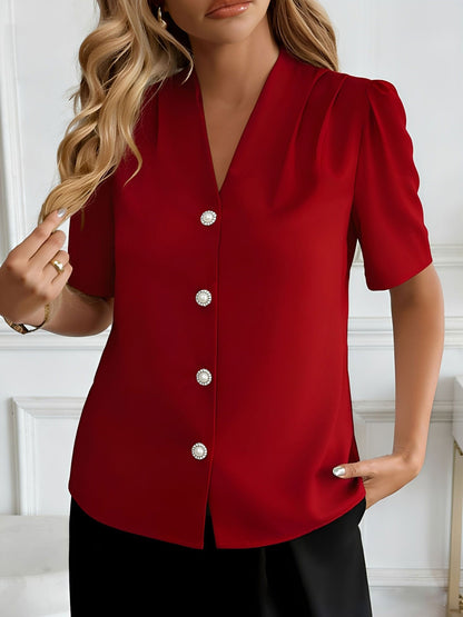 Pleated Puff Sleeves Button Down Work Blouse