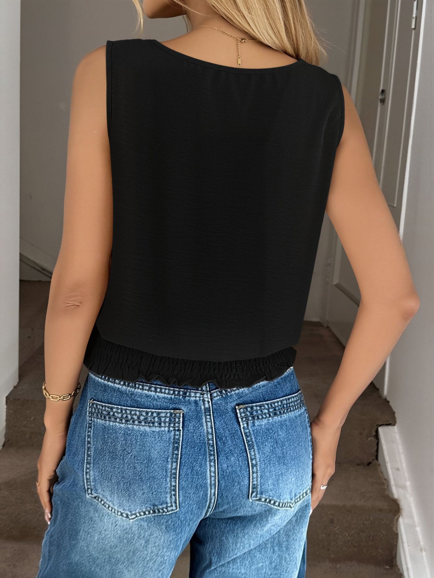 Round Neck Casual Sleeveless Smocked Blouse