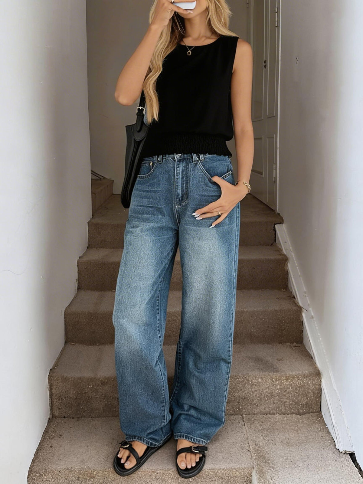 Round Neck Casual Sleeveless Smocked Blouse