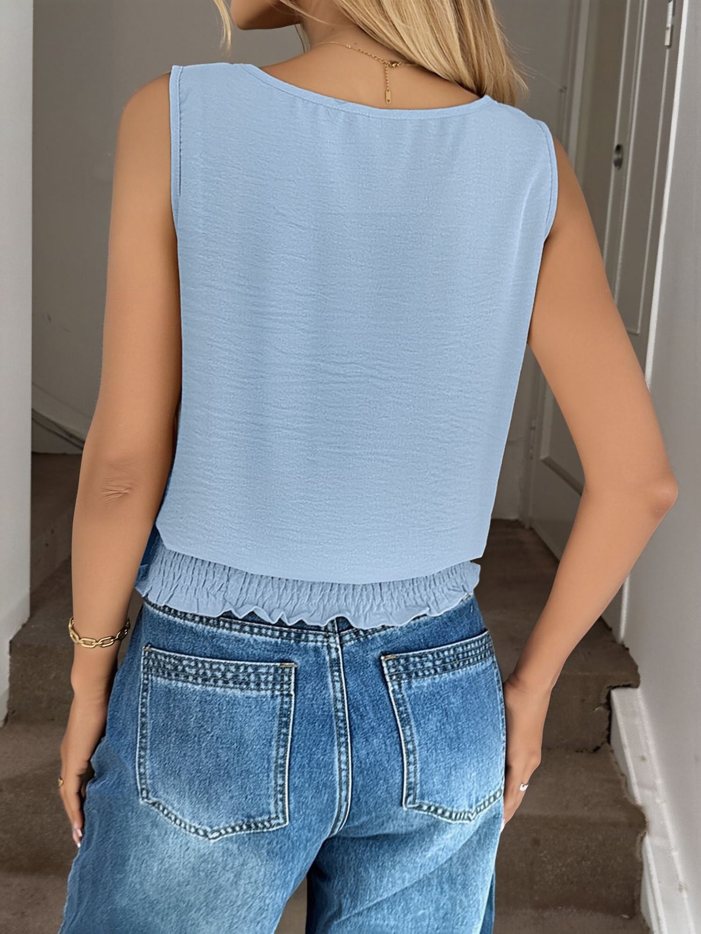 Round Neck Casual Sleeveless Smocked Blouse