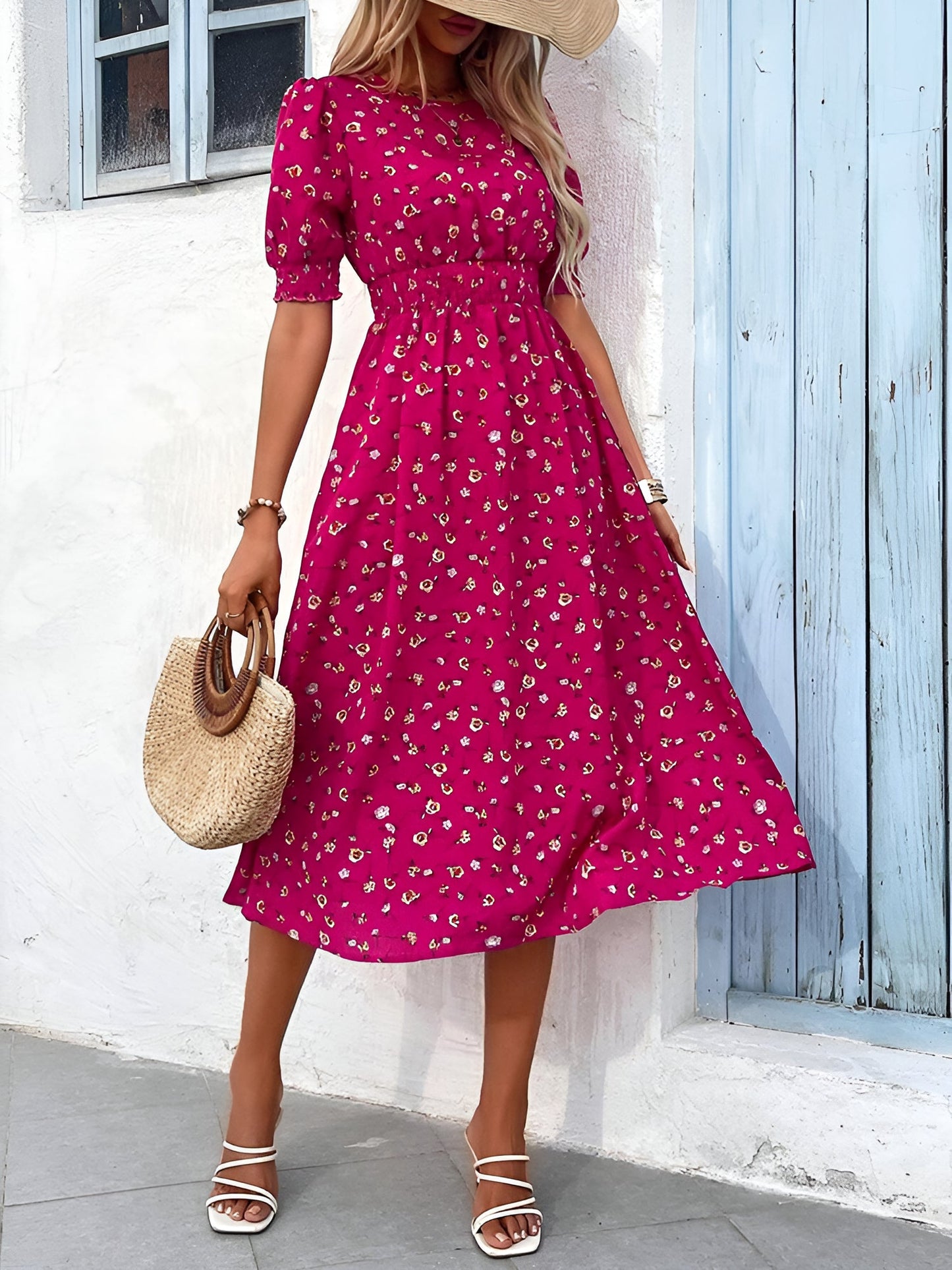 Floral Puff Sleeves Smocked Waist A-Line Midi Dress