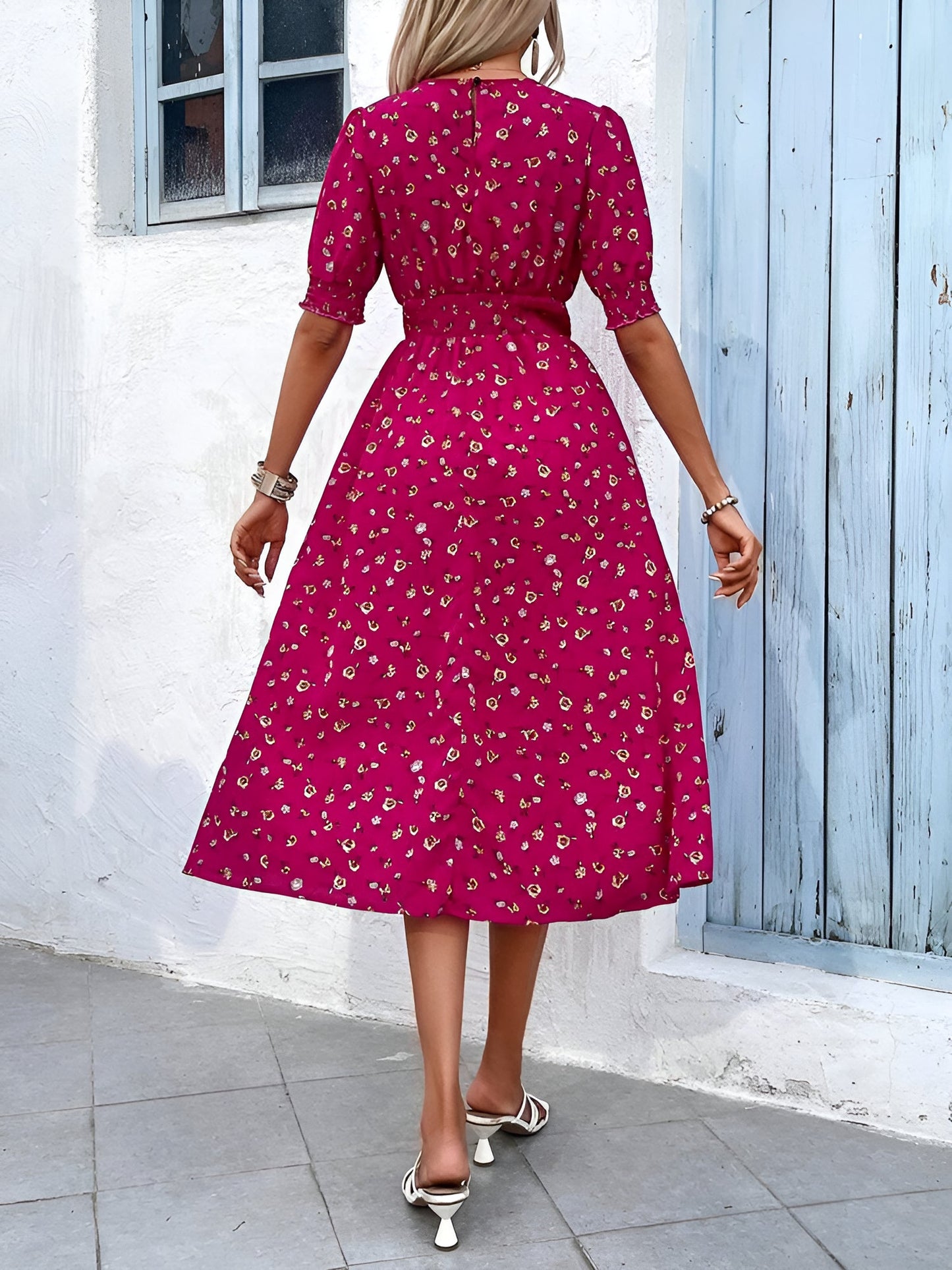 Floral Puff Sleeves Smocked Waist A-Line Midi Dress