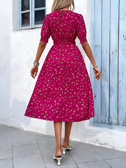 Floral Puff Sleeves Smocked Waist A-Line Midi Dress