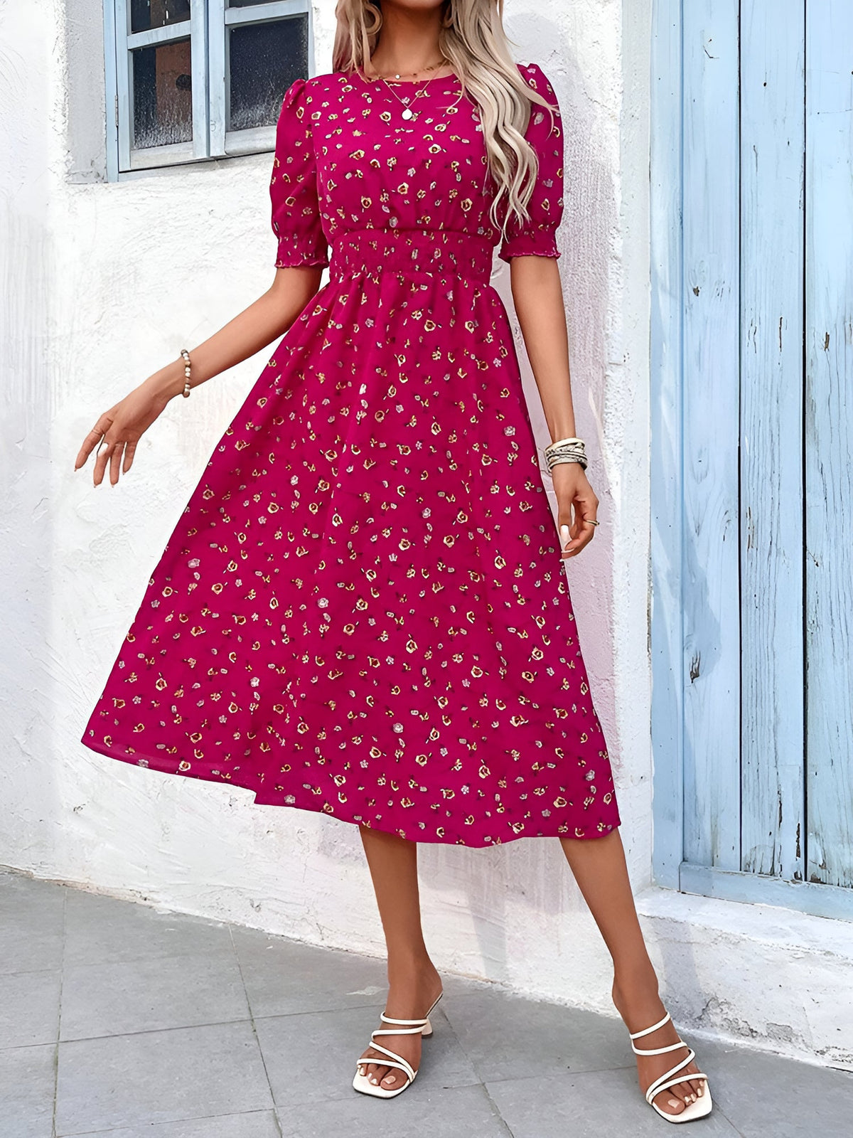 Floral Puff Sleeves Smocked Waist A-Line Midi Dress
