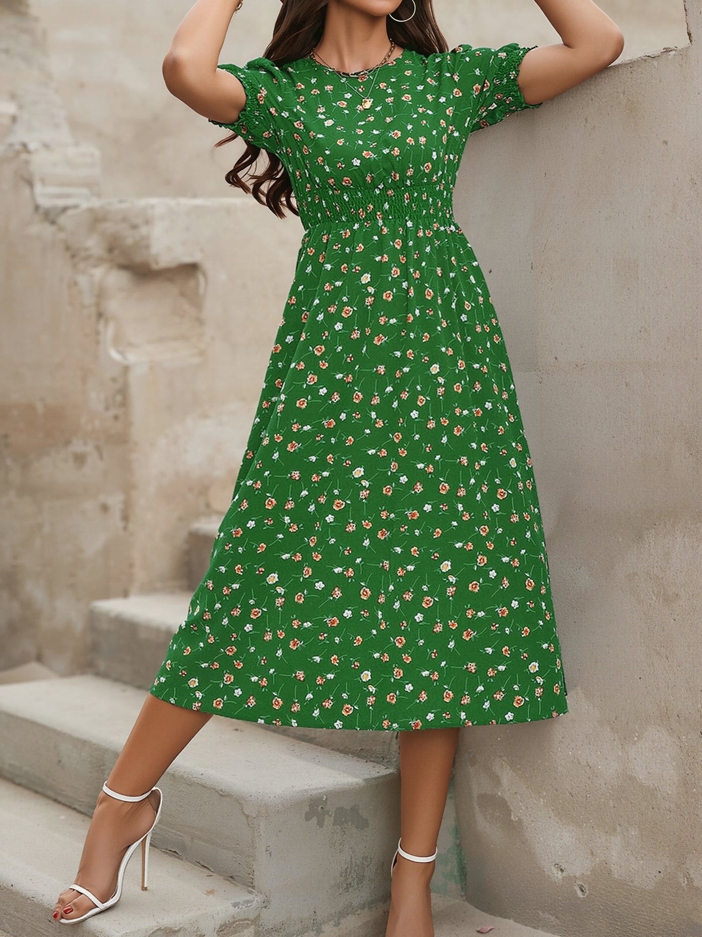 Floral Puff Sleeves Smocked Waist A-Line Midi Dress