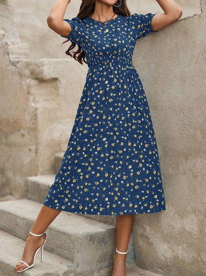 Floral Puff Sleeves Smocked Waist A-Line Midi Dress