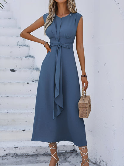 Round Neck Sleeveless Ruched Tie Front Midi Dress