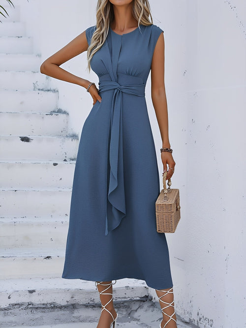 Round Neck Sleeveless Ruched Tie Front Midi Dress
