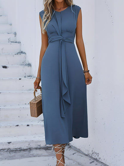 Round Neck Sleeveless Ruched Tie Front Midi Dress