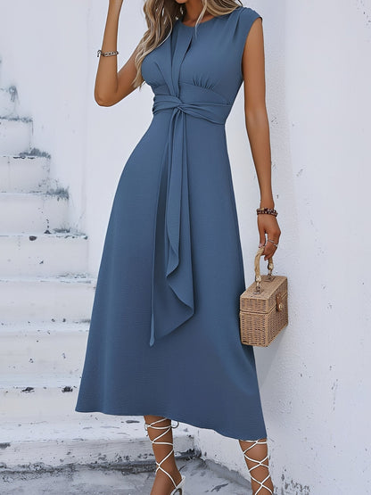Round Neck Sleeveless Ruched Tie Front Midi Dress