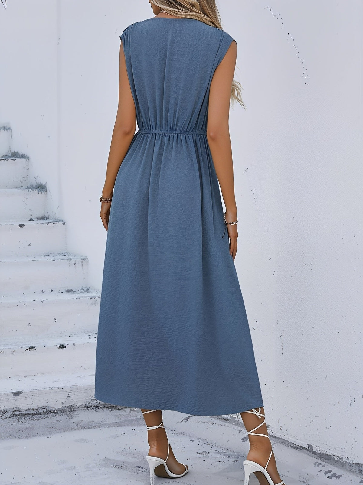 Round Neck Sleeveless Ruched Tie Front Midi Dress