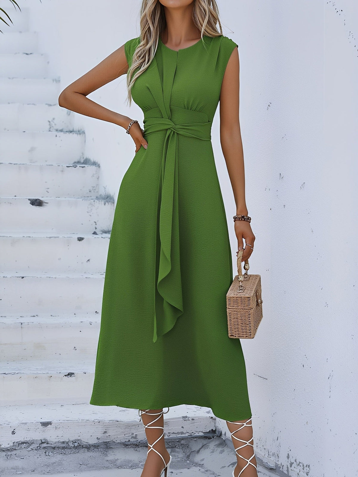 Round Neck Sleeveless Ruched Tie Front Midi Dress
