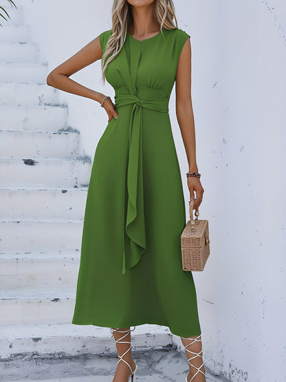 Round Neck Sleeveless Ruched Tie Front Midi Dress