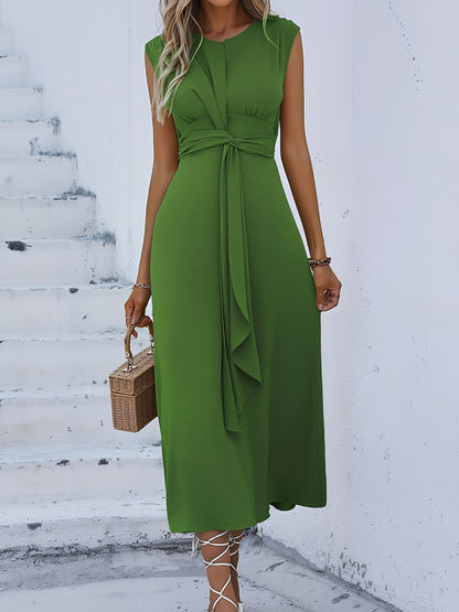 Round Neck Sleeveless Ruched Tie Front Midi Dress