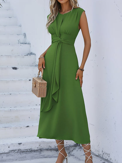 Round Neck Sleeveless Ruched Tie Front Midi Dress