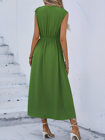 Round Neck Sleeveless Ruched Tie Front Midi Dress