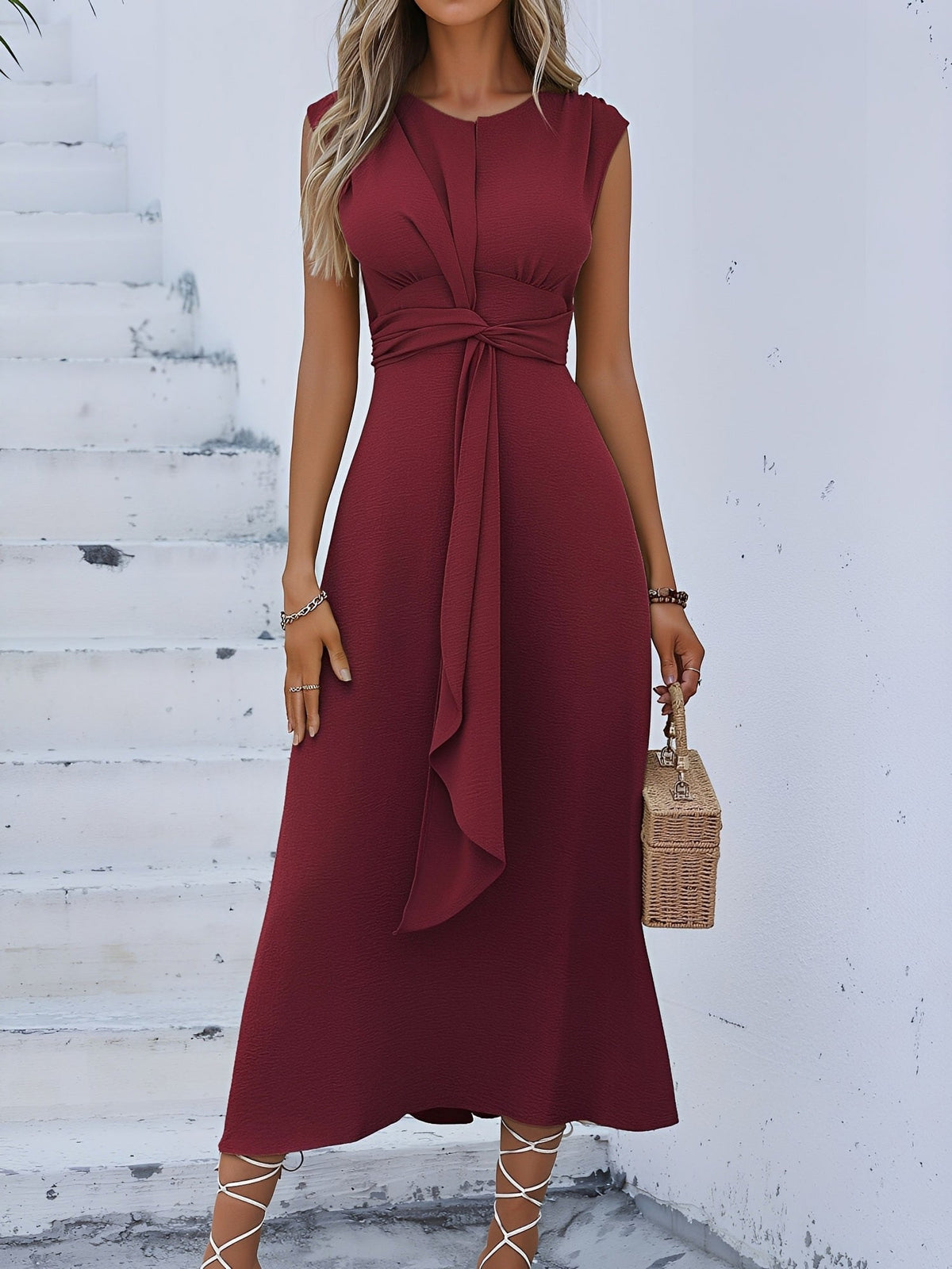 Round Neck Sleeveless Ruched Tie Front Midi Dress