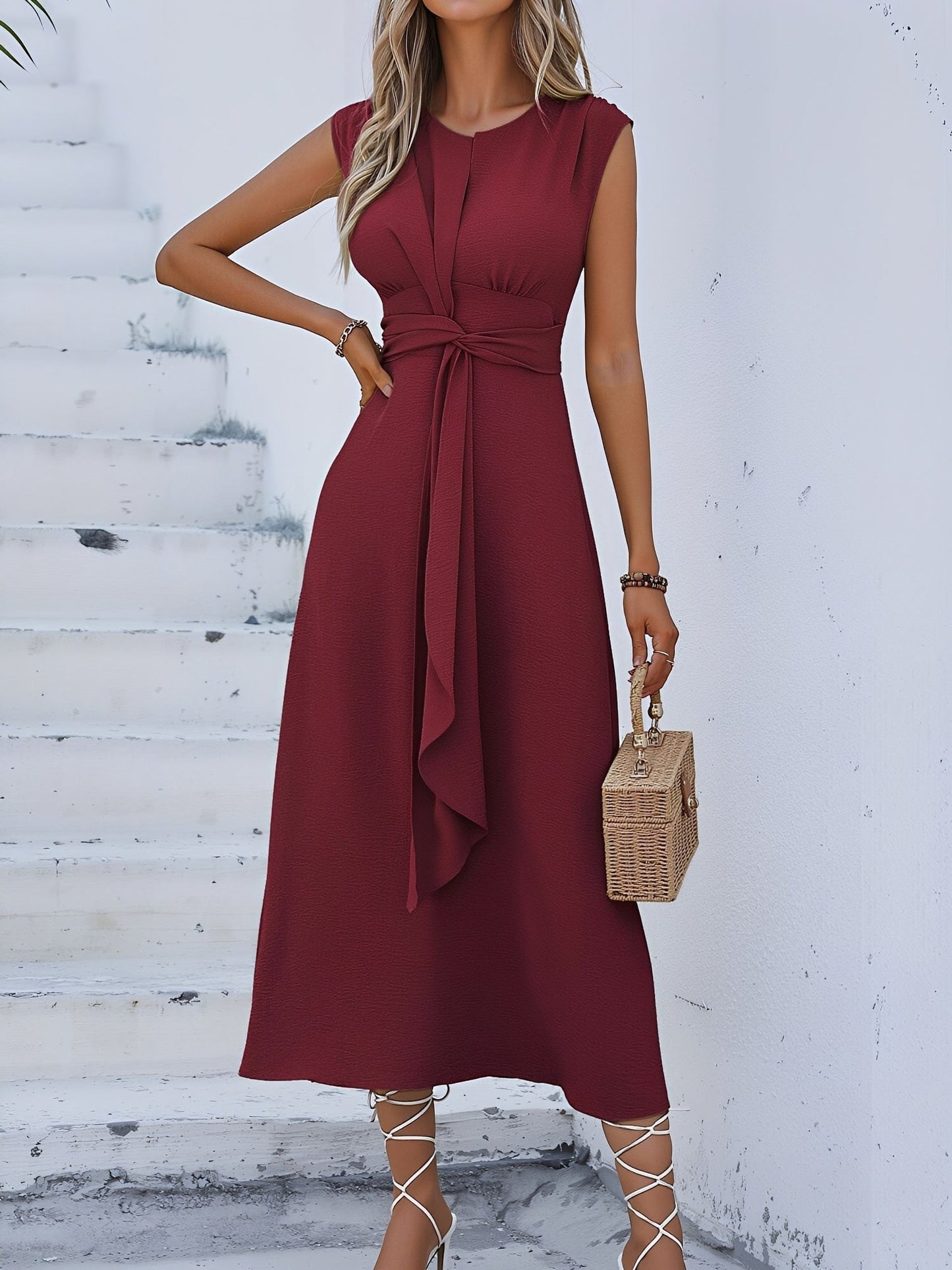 Round Neck Sleeveless Ruched Tie Front Midi Dress