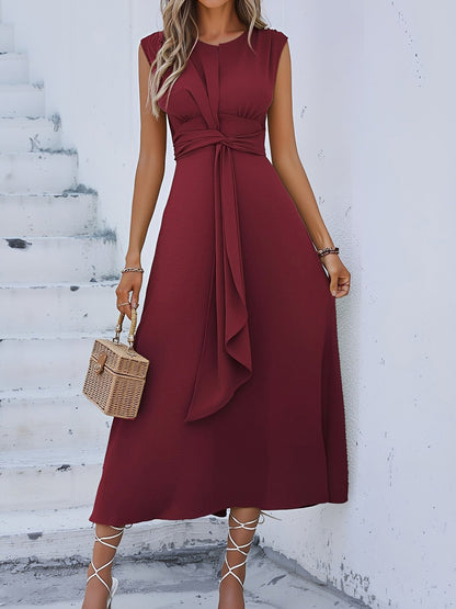 Round Neck Sleeveless Ruched Tie Front Midi Dress